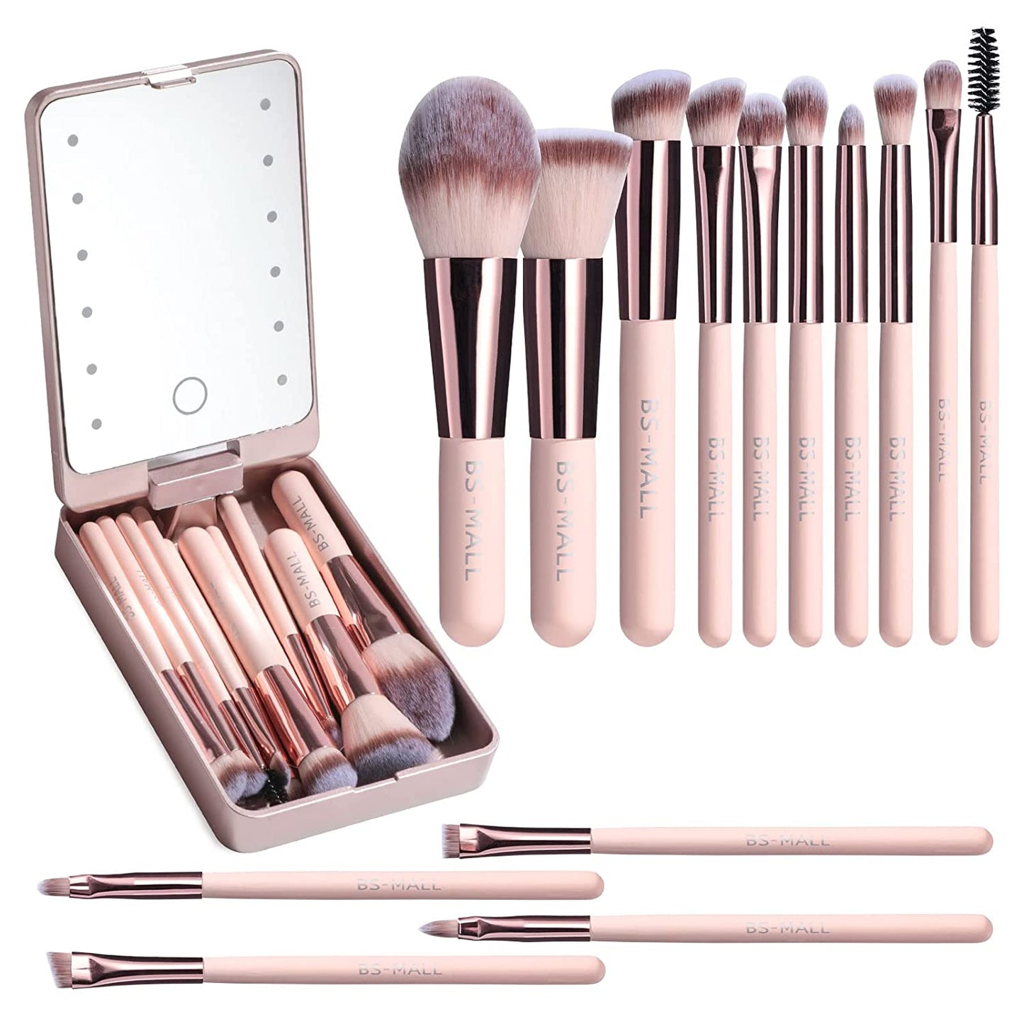 BS-MALL Travel Makeup Brush Set Foundation Powder Concealers Eye Shadows Makeup Set with LED light Mirror 14 Pcs