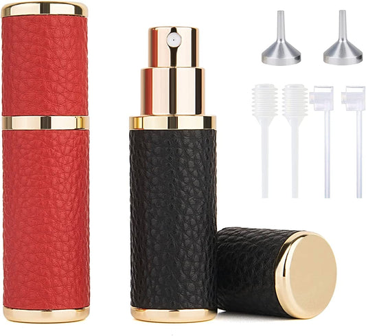 2Pcs Perfume Atomizer Bottle (5ML),Mini Refillable Empty Cologne Spray Bottle With Luxury Leather Case,for Travel Out Side Work Women and Men (Black+Red)
