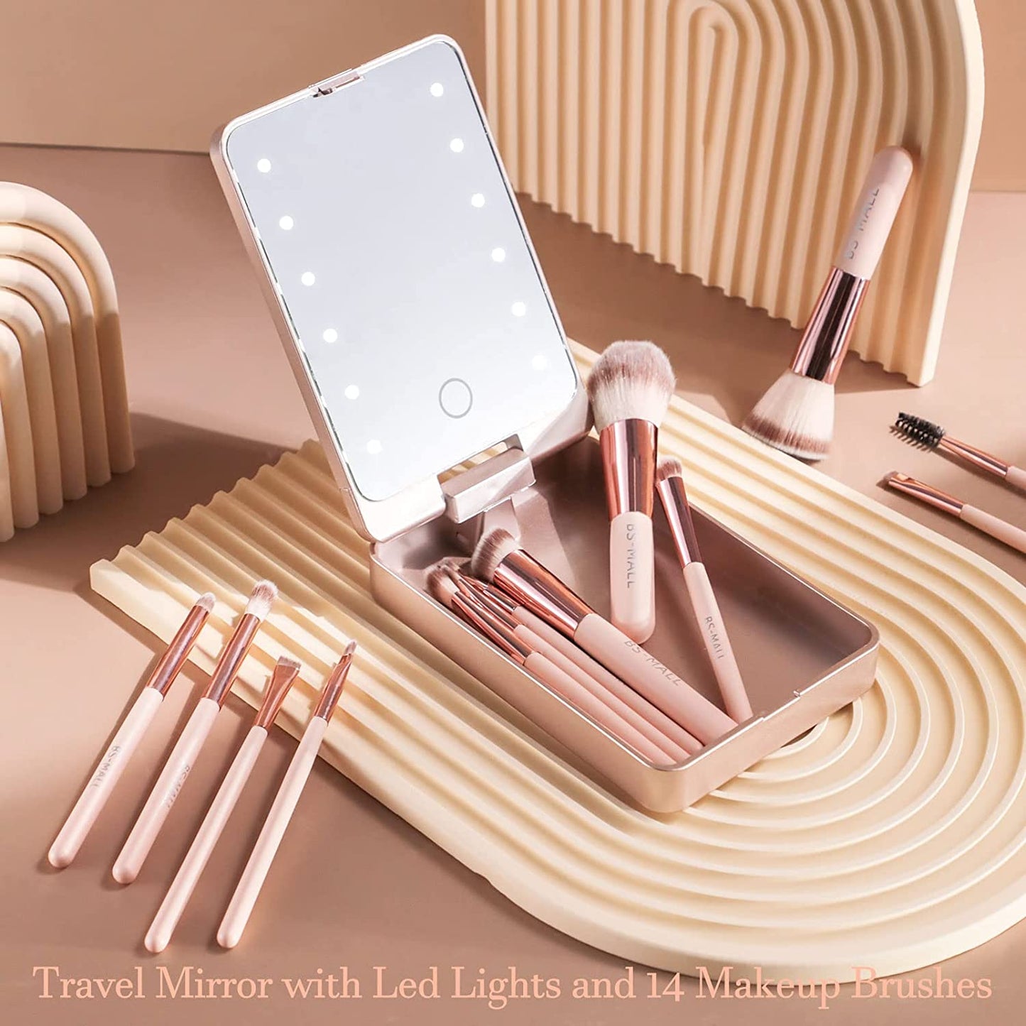 BS-MALL Travel Makeup Brush Set Foundation Powder Concealers Eye Shadows Makeup Set with LED light Mirror 14 Pcs