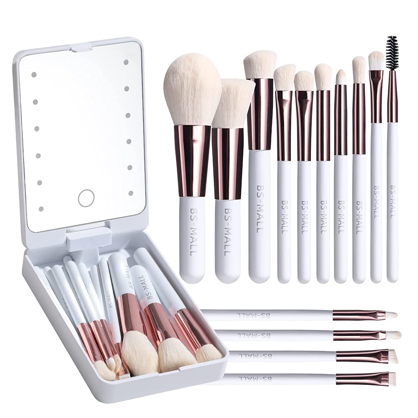 BS-MALL Travel Makeup Brush Set Foundation Powder Concealers Eye Shadows Makeup Set with LED light Mirror 14 Pcs