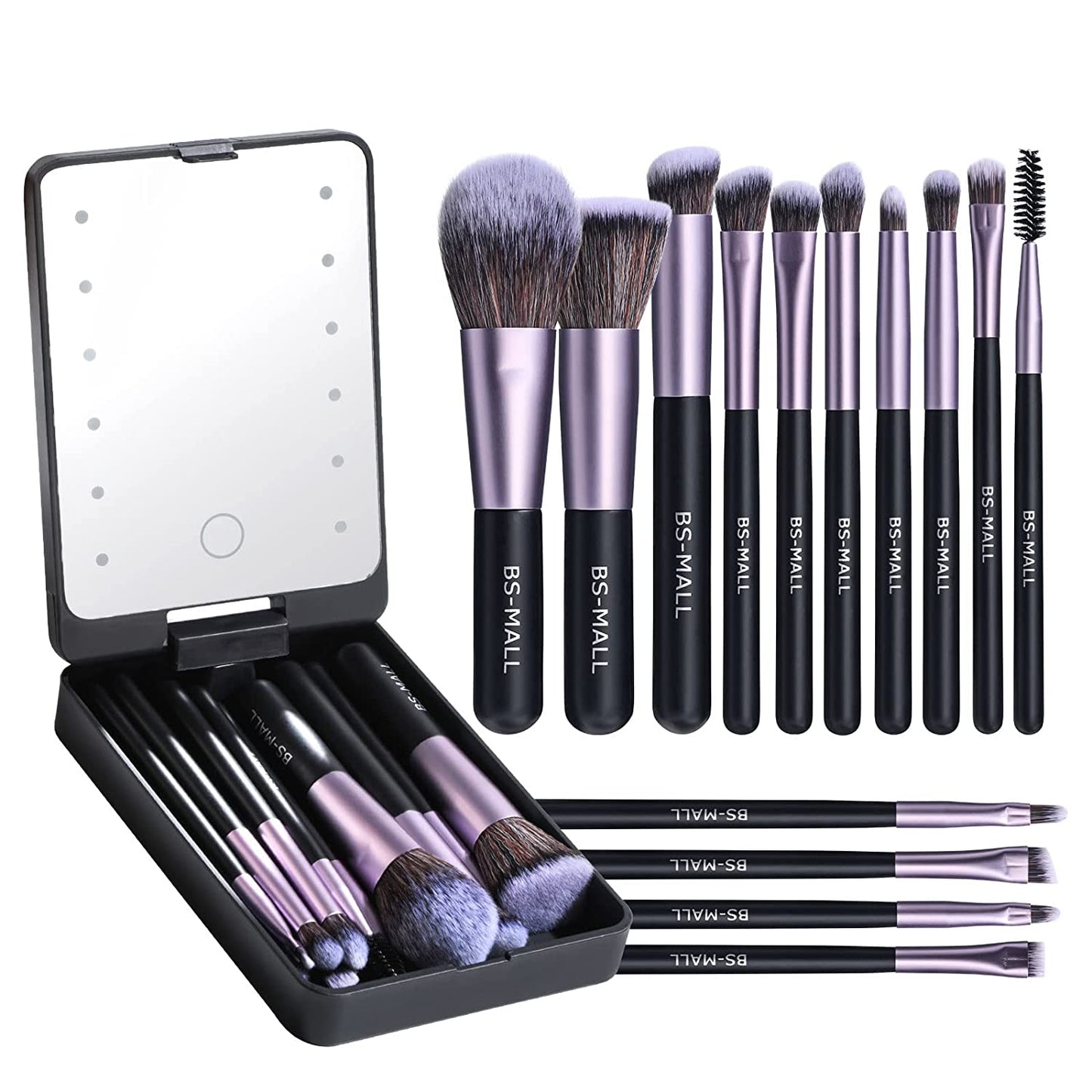 BS-MALL Travel Makeup Brush Set Foundation Powder Concealers Eye Shadows Makeup Set with LED light Mirror 14 Pcs