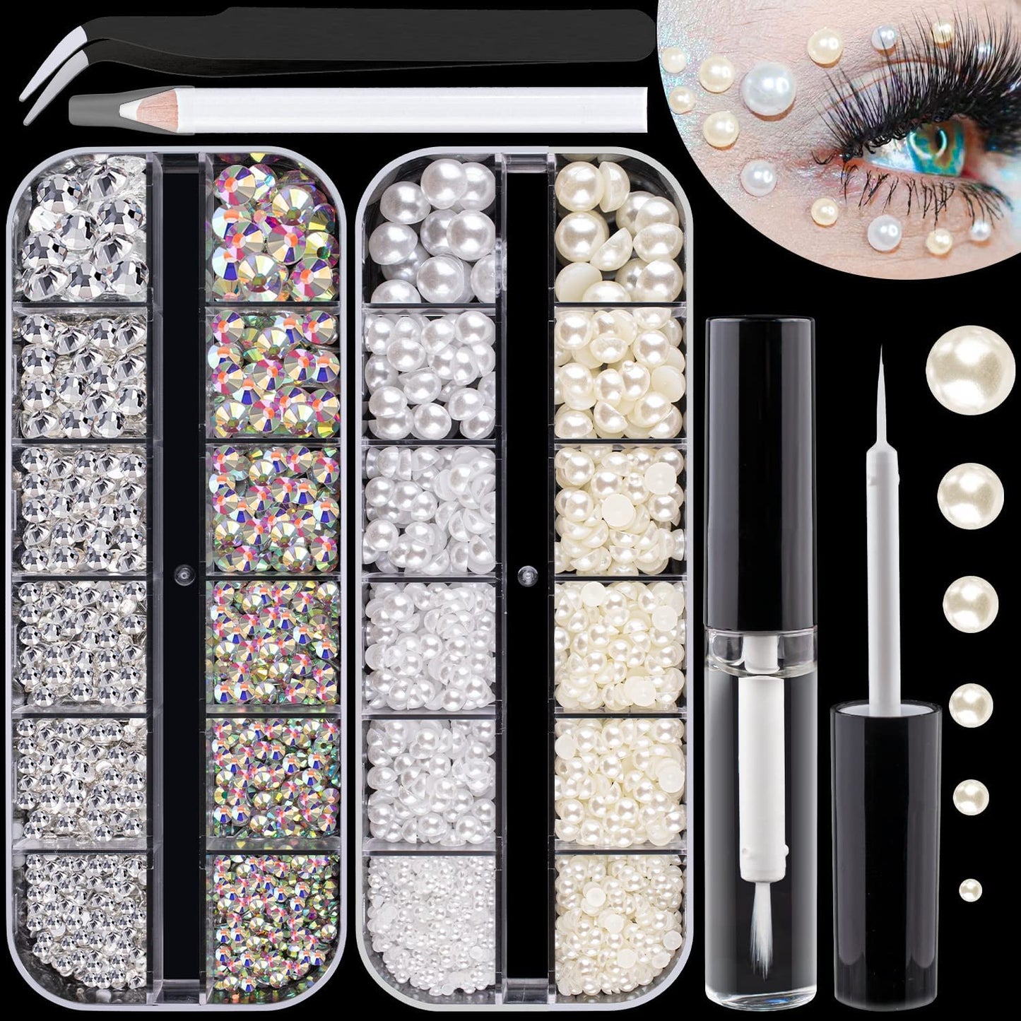 Flat Back Rhinestones&Pearls Kits Round Glass Crystal AB&Transparent White Gems+White&Beige Pearls With Quick Dry Makeup Glue+Picker Pencil+Tweezer For Nail Art And Face Eye Body Make-up