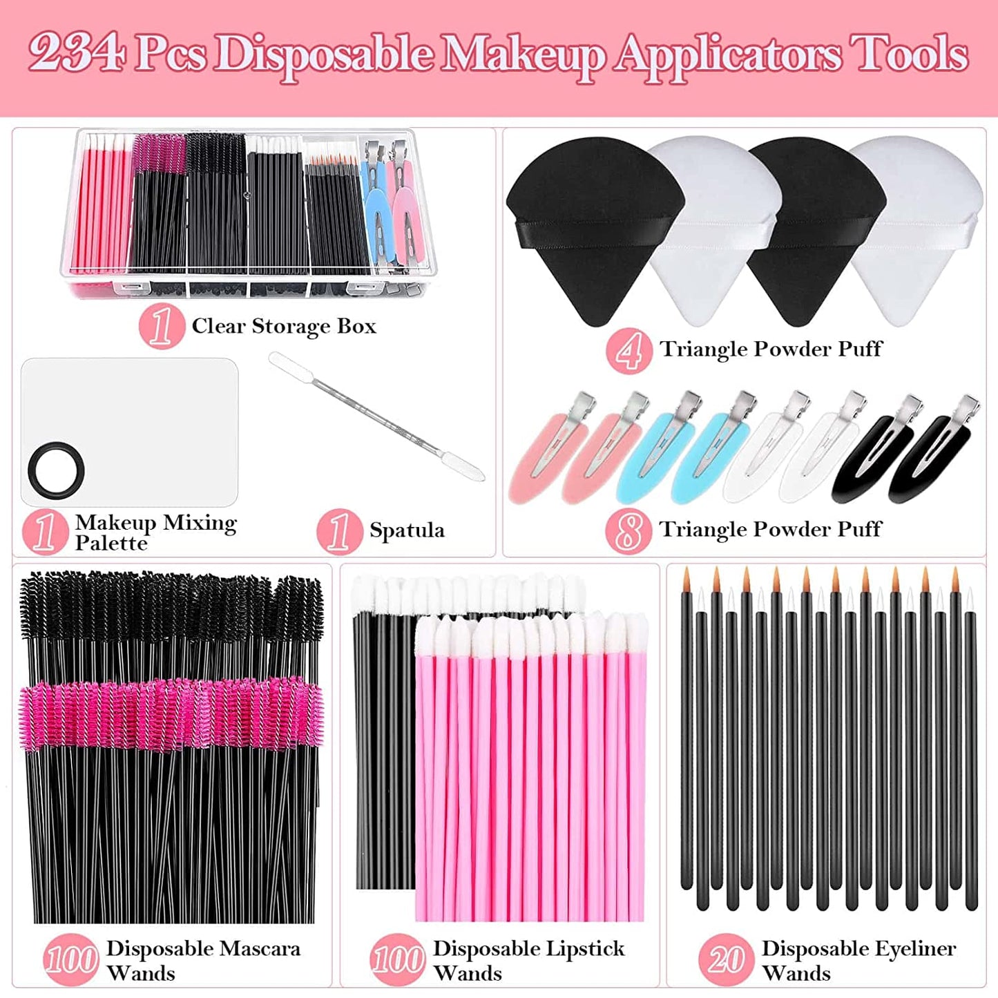 Disposable Makeup Applicators Accessories Kit with Makeup Mixing Tray Triangle Puff Makeup Artist Supplies with Mascara Wands, Lip Brushes, Hair Clips Makeup Puffs for Face with Storage Box