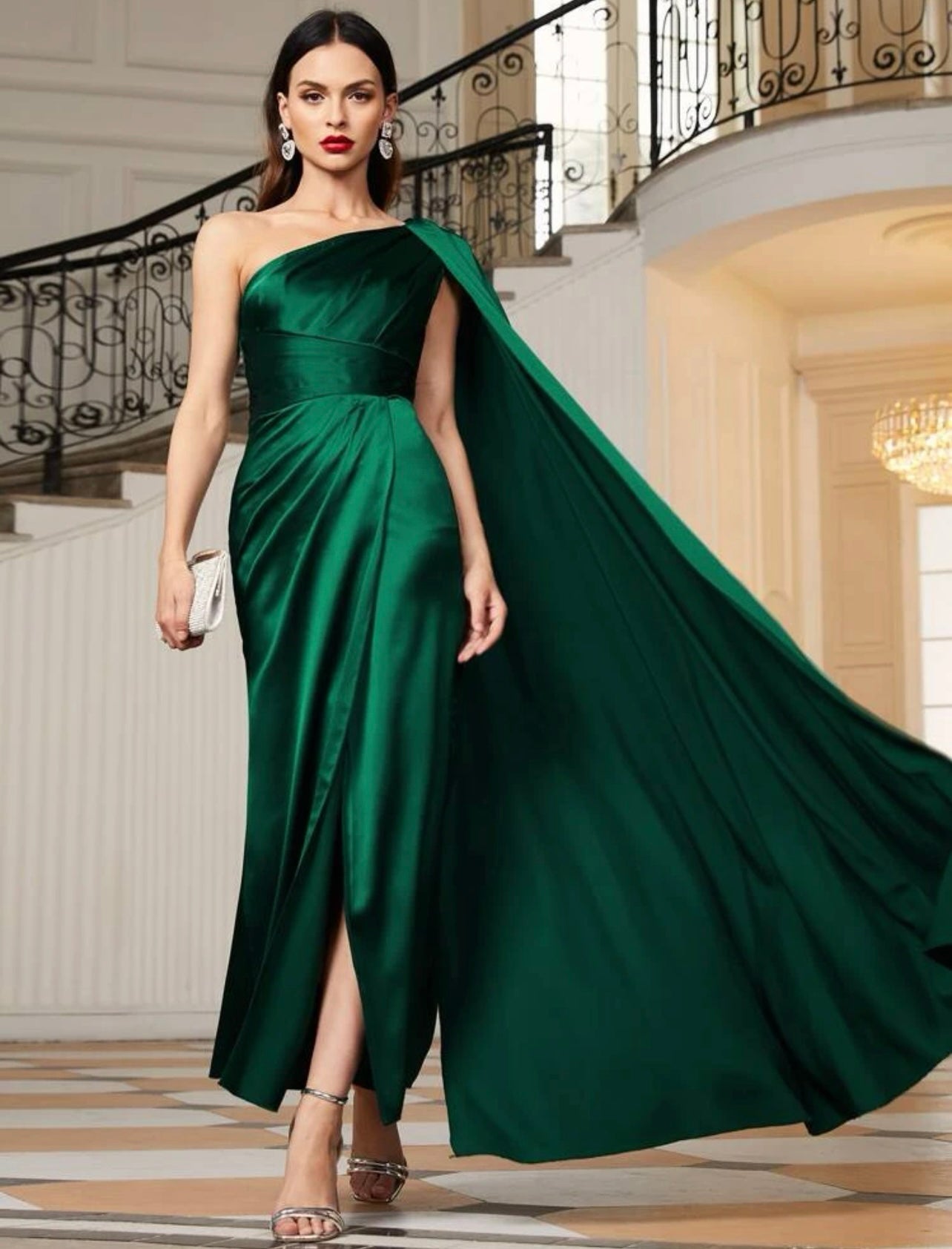 One shoulder sleeve green dress