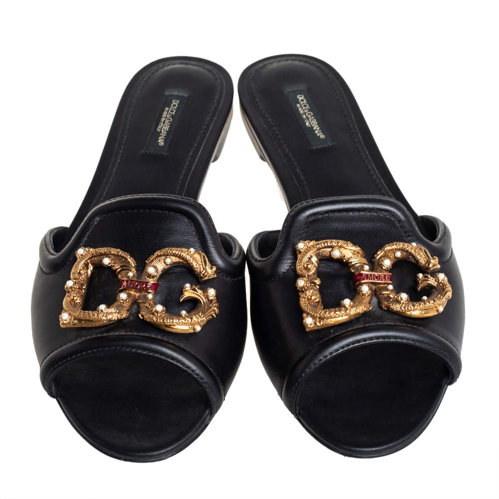 DOLCE & GABBANA Dolce & Gabbana Black Leather DG Amore Logo Embellished Flat Slides