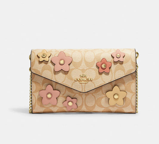 Coach Envelope Clutch Crossbody Khaki Signature Canvas Flower Gold Chain Bag